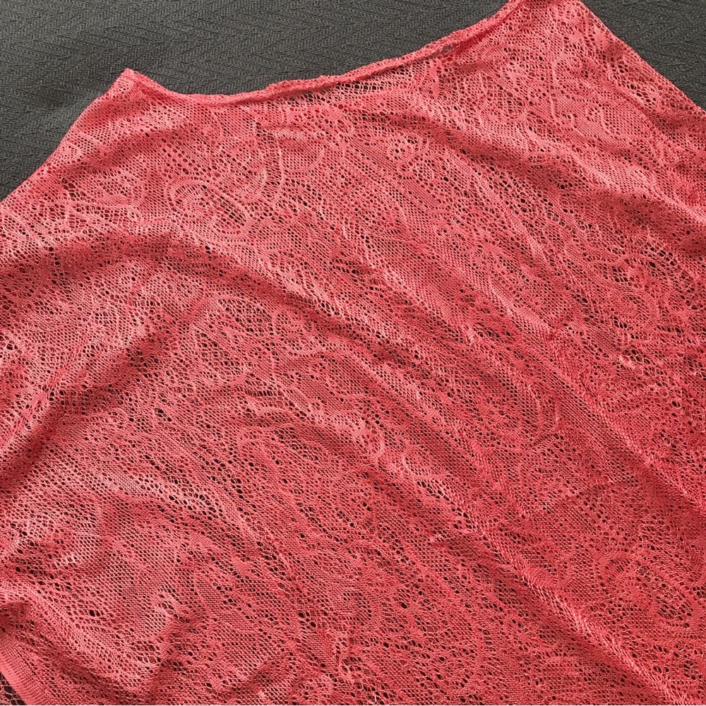 Vintage Coral Pink Lace Fringed Poncho Shawl Scarf Unique - Picture 4 of 5